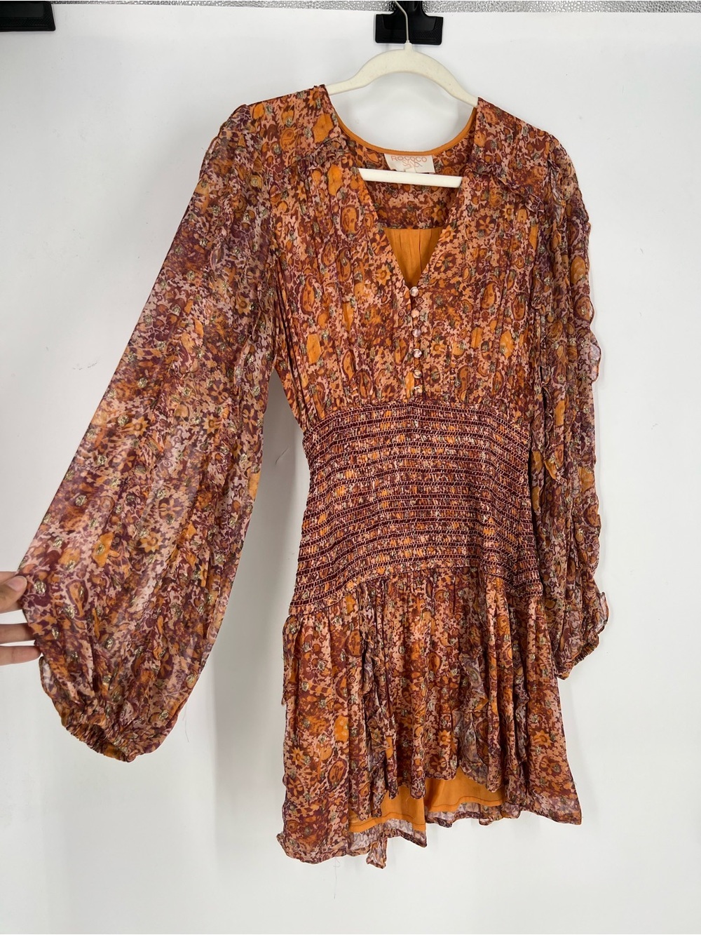 Rococo Sand Rust Gold Paisley V Neck Drop Waist Long Sleeve Chiffon Mini Dress S - Picture 2 of 8